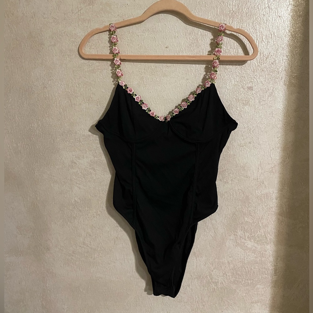 SHEIN Black Bodysuit with Floral Straps